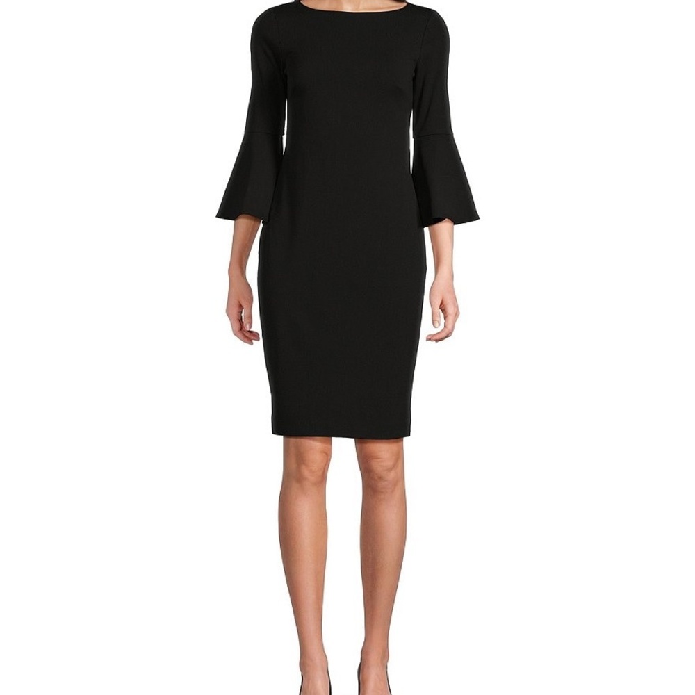 Calvin Klein Sheath Dress with 3/4 Bell Sleeve Boat Neck in Black Size 4